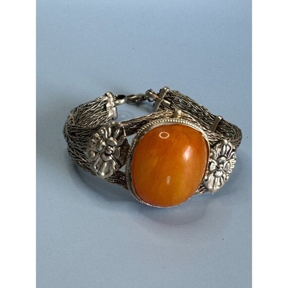 Unbranded Jewelry - Tibetian Copal Silver Inlay Beeswax Amber Mesh Strand Bracelet